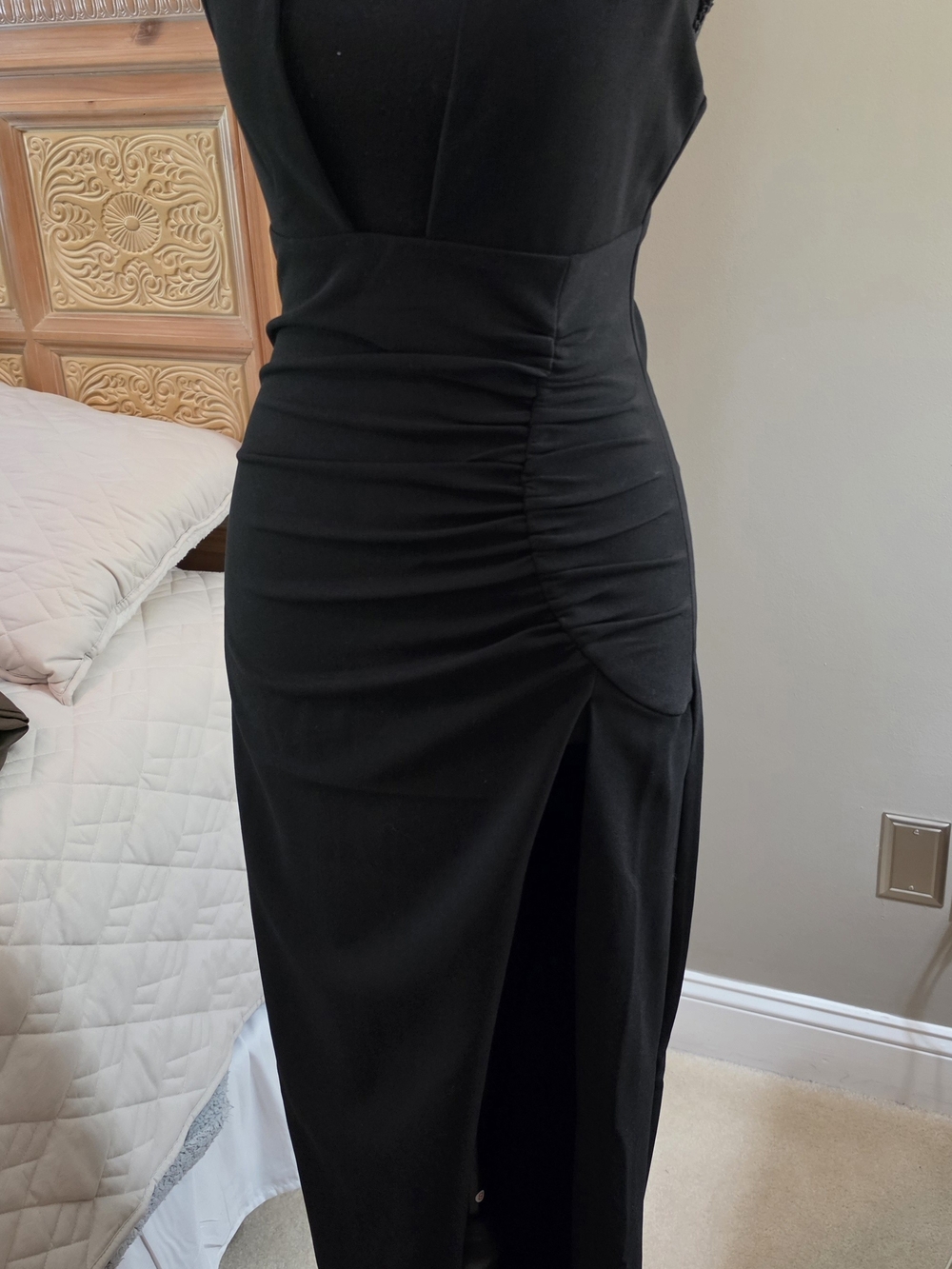 Sleek Black Ruched High-Low Dress with Side Slit